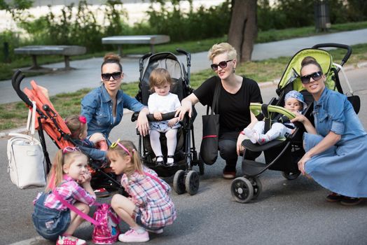 portrait of a group of young beautiful mother with children on a sunny day in the park