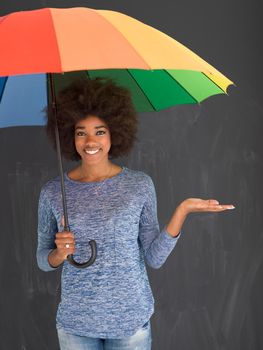 Portrait of young beautiful african american woman holding a colorful umbrella isolated on a gray background