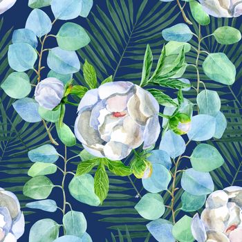 Floral seamless pattern with eucalyptus and peonies on a navy blue background. Artistic design for floral print for packaging, textile, wallpaper, gift wrap, greeting or wedding background.