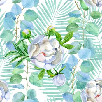 Floral seamless pattern with eucalyptus and peonies on a white background. Artistic design for floral print for packaging, textile, wallpaper, gift wrap, greeting or wedding background.