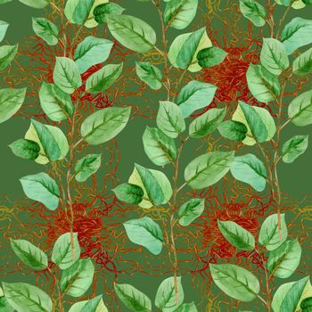 Floral leaves seamless pattern green color on a green background. Artistic design for floral print for packaging, textile, wallpaper, gift wrap, greeting or wedding background.