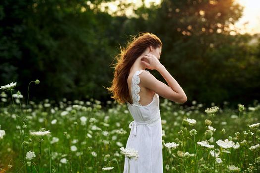 pretty woman in white dress field flowers freedom nature. High quality photo