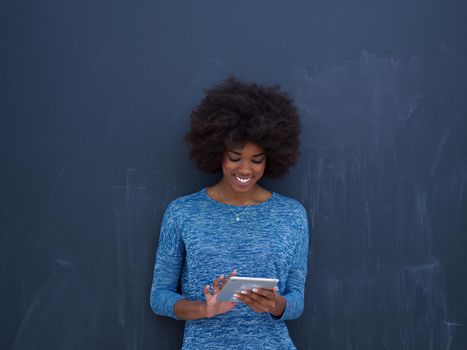 Young Happy African American Woman Using Digital Tablet  Isolated on a gray background