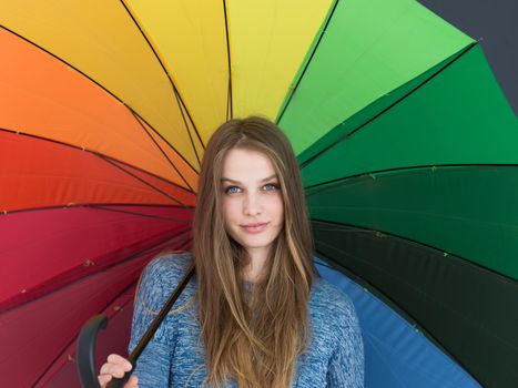 portrait of a young handsome woman with a colorful umbrella isolated on a gray background