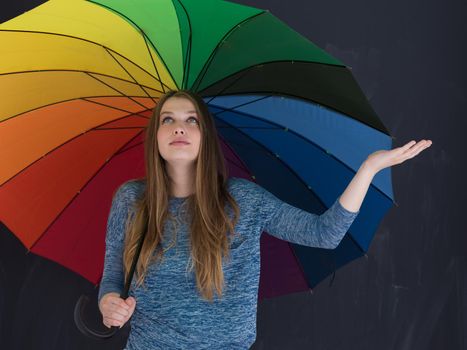 portrait of a young handsome woman with a colorful umbrella isolated on a gray background