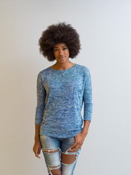portrait of a beautiful friendly African American woman with a curly afro hairstyle and lovely smile isolated on a white background
