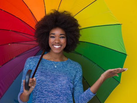Portrait of young beautiful african american woman holding a colorful umbrella isolated on a Yellow background