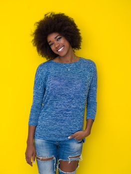 portrait of a beautiful friendly African American woman with a curly afro hairstyle and lovely smile isolated on a Yellow background