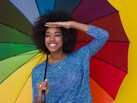 Portrait of young beautiful african american woman holding a colorful umbrella isolated on a Yellow background