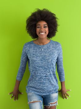 portrait of a beautiful friendly African American woman with a curly afro hairstyle and lovely smile isolated on a Green background