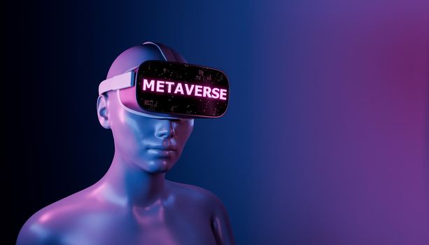 close up of a girl with VR glasses and illuminated sign with the word METAVERSE. futuristic concept of video games, NFT, VR and crypto. 3d rendering