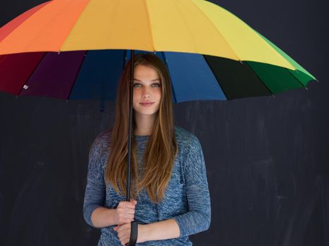 portrait of a young handsome woman with a colorful umbrella isolated on a gray background