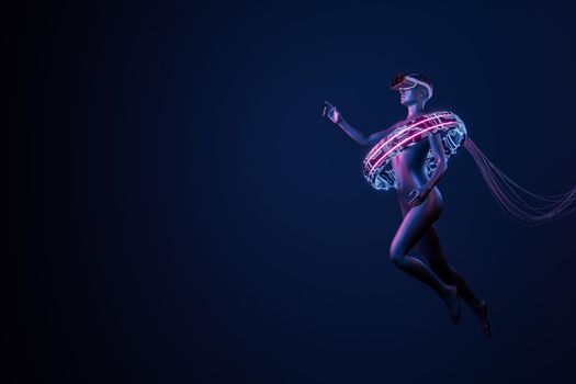 conceptual and futuristic 3d woman floating in the air with neon lighting and VR glasses. futuristic concept of video games, NFT, VR and crypto. 3d rendering
