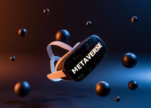 virtual reality glasses with metal spheres floating around and illuminated sign with the word METAVERSE. futuristic concept of video games, NFT, VR and crypto. 3d rendering