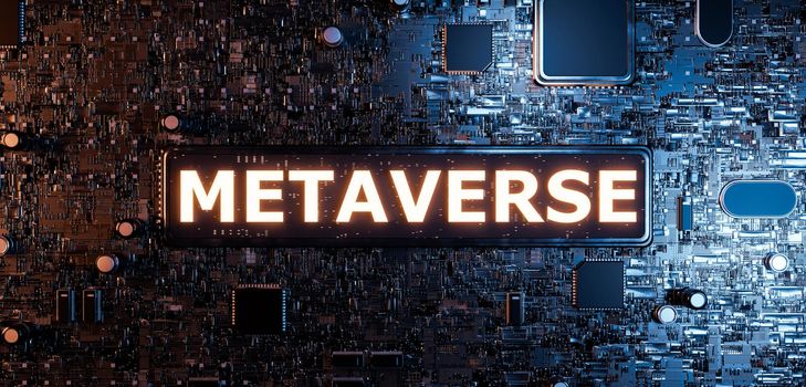 top view of a sign with the word METAVERSE on an electronic board full of microchips. futuristic concept of video games and virtual reality. 3d rendering