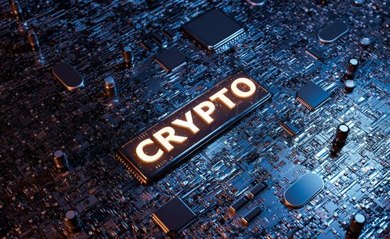 CRYPTO sign on an electronic board full of microchips. concept of mining, cryptocurrencies, future and technology. 3d rendering