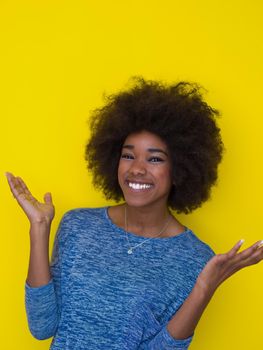 portrait of a beautiful friendly African American woman with a curly afro hairstyle and lovely smile isolated on a Yellow background