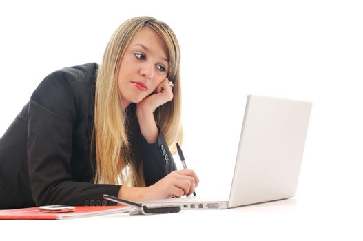 one young teen woman girl work on laptop isolated