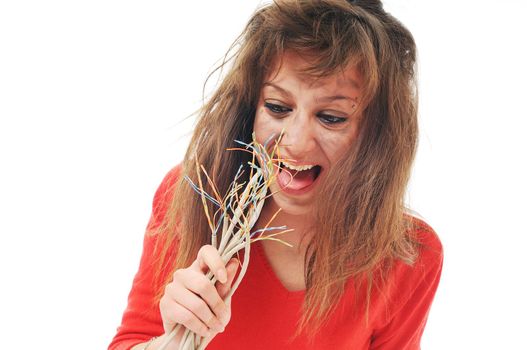 young woman with dark face electrical explosion shock concept connect