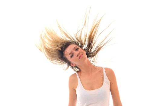 young beauty happy party woman dance with wind in hair isolated