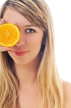 young woman orange isolated fruit food