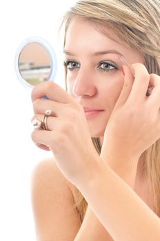 young girl cosmetic beauty isolated eye brow tweezer treatment