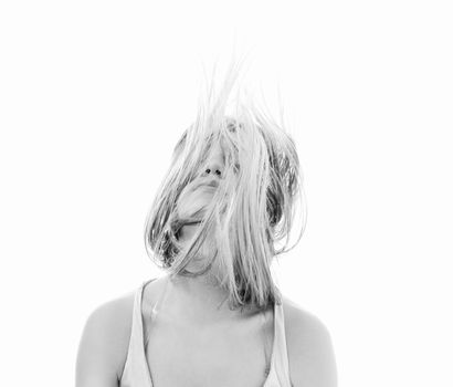 young beauty happy party woman dance with wind in hair isolated