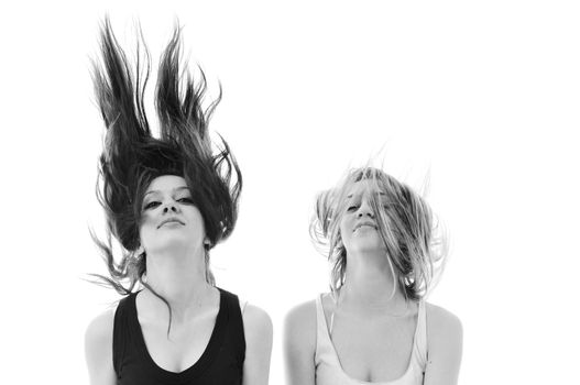 young beauty happy party woman dance with wind in hair isolated