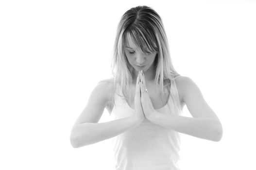 one young fit  woman in white shirt meditating adn exercise  yoga isolated