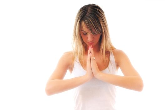 one young fit  woman in white shirt meditating adn exercise  yoga isolated