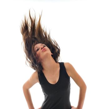 young beauty happy party woman dance with wind in hair isolated