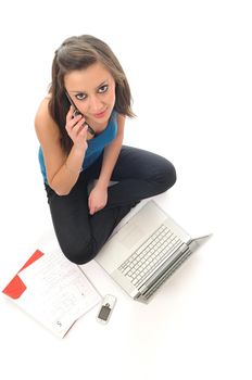 one young teen woman girl work on laptop isolated