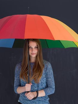 portrait of a young handsome woman with a colorful umbrella isolated on a gray background