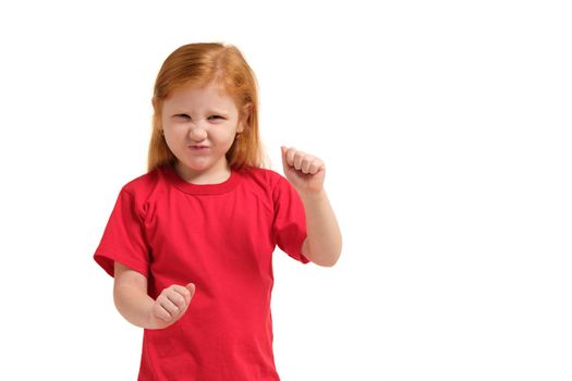 Close-up portrait mad young girl about to have nervous atomic breakdown, fist up in air, angry with someone isolated white background. Negative human emotion facial expression feeling attitude reaction
