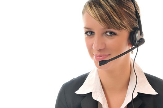 young beautiful business woman with headset phone help customer solution info service