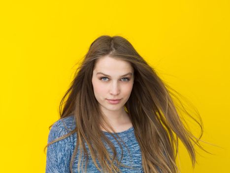 Portrait of a beautiful positive young woman while playing with her long silky hair isolated on yellow background