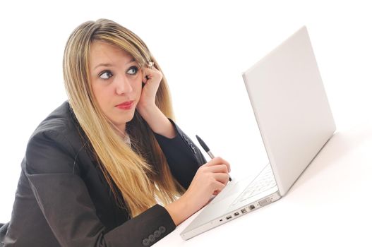 one young teen woman girl work on laptop isolated
