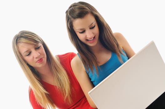 two young woman student work on laptop isolated