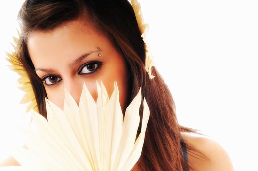 one beautiful young woman portrait isolated hairstily makeup spa and welness concept