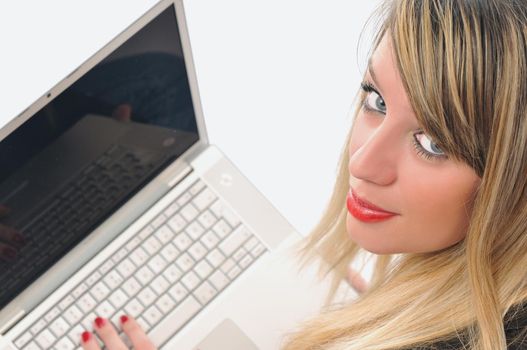 one young teen woman girl work on laptop isolated business