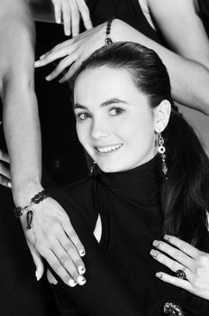 beautiful woman on fashion show piste with gold jawel