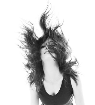 young beauty happy party woman dance with wind in hair isolated