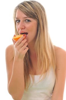 young woman orange isolated fruit food