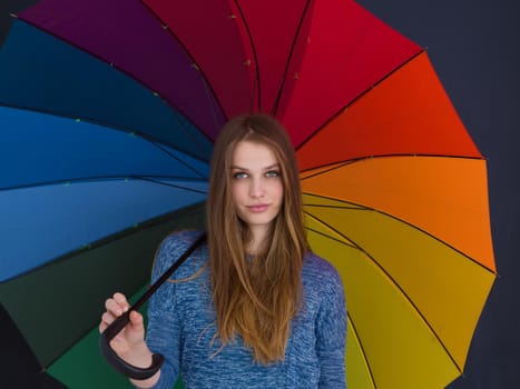 portrait of a young handsome woman with a colorful umbrella isolated on a gray background