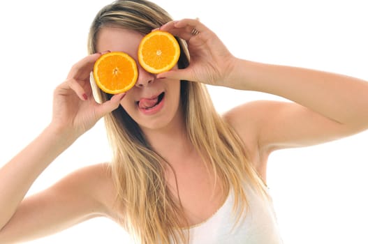 young woman orange isolated fruit food