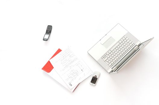 solver laptop cell phone and documents isolated on white