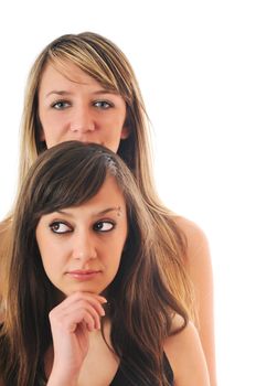 two young girl lesbian friend isolated happy on white background
