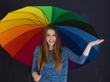portrait of a young handsome woman with a colorful umbrella isolated on a gray background