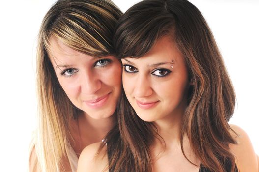two young girl lesbian friend isolated happy on white background