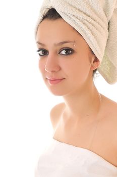 beauty halth and spa wellness isolated young woman face portrait closeup with towel and flower treatment